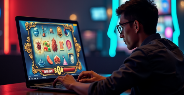 Pemain slot memeriksa statistik RTP tinggi di layar laptop